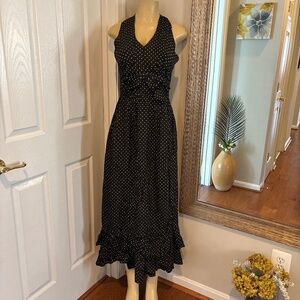 Women’s Vintage 60’s70’s Taffeta Like Halter Dot Ruffle Maxi Midi Dress S/M